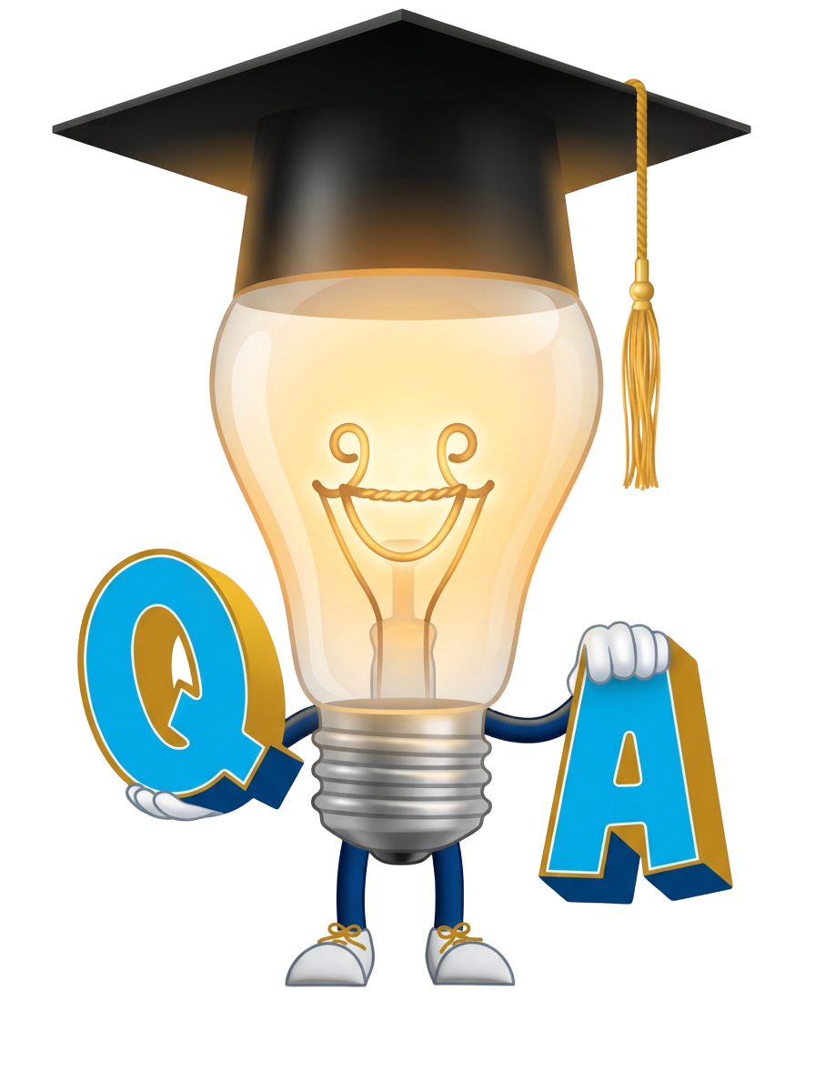 Lumen, the Reliance Matrix lightbulb mascot wearing a graduation cap and holding Q and A blocks