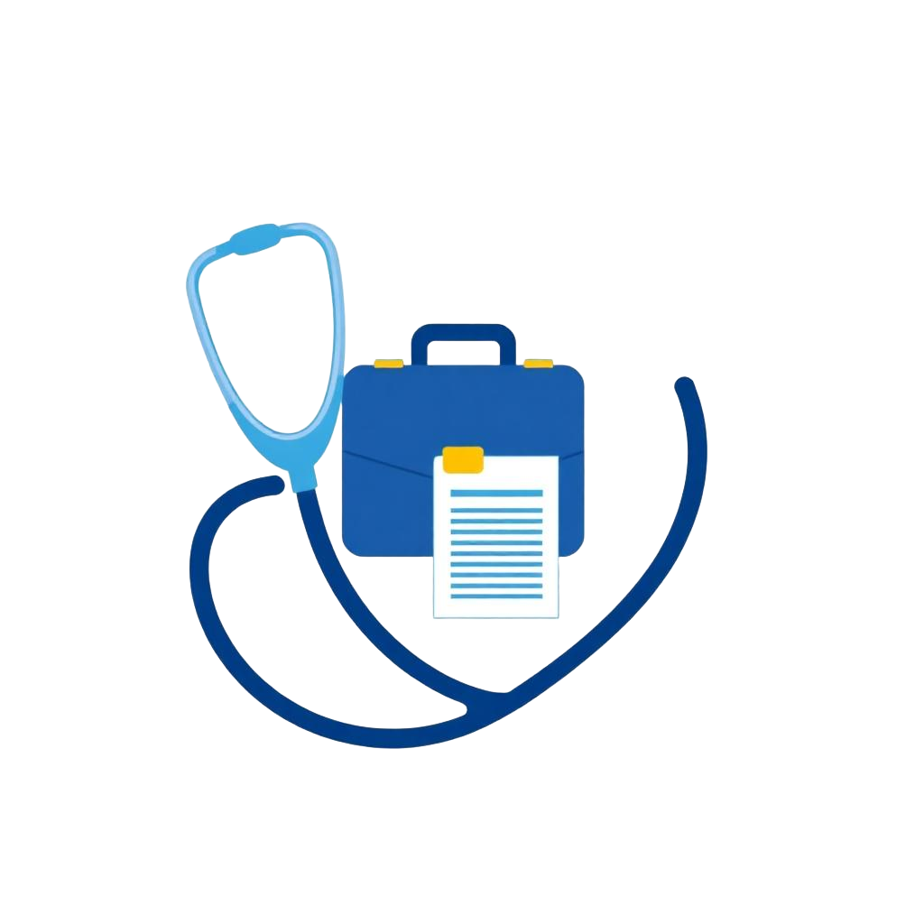 Illustration of a stethoscope encircling a medical briefcase and document