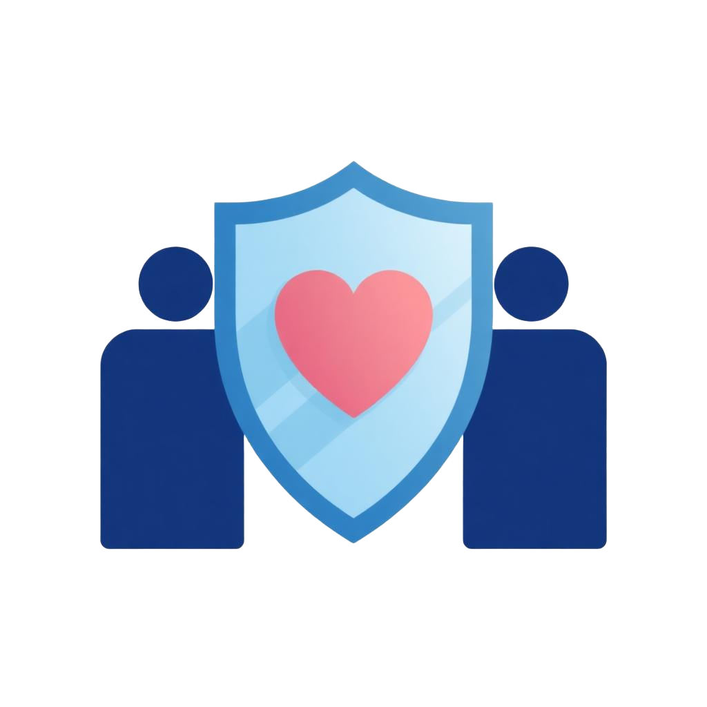 Illustration of a protective shield with a heart flanked by two people