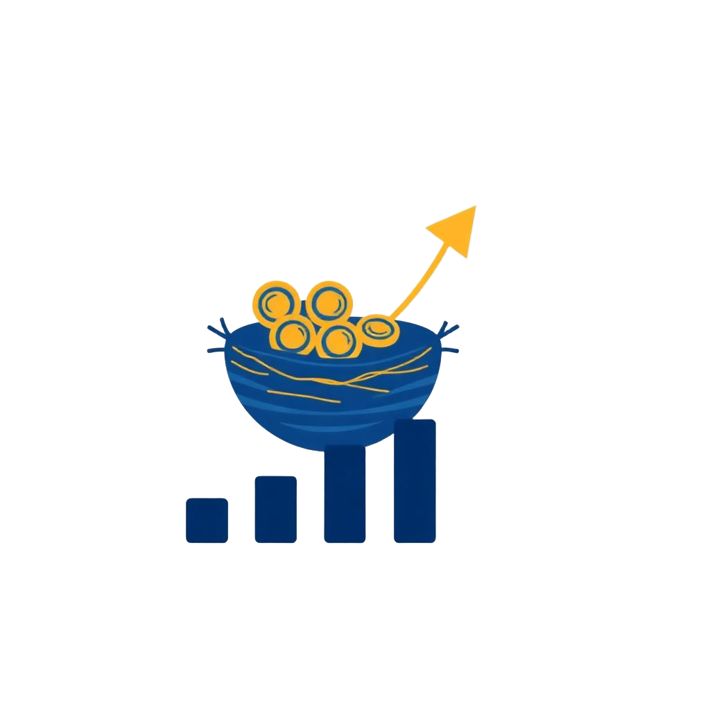 Illustration of a nest egg of coins with a rising growth arrow