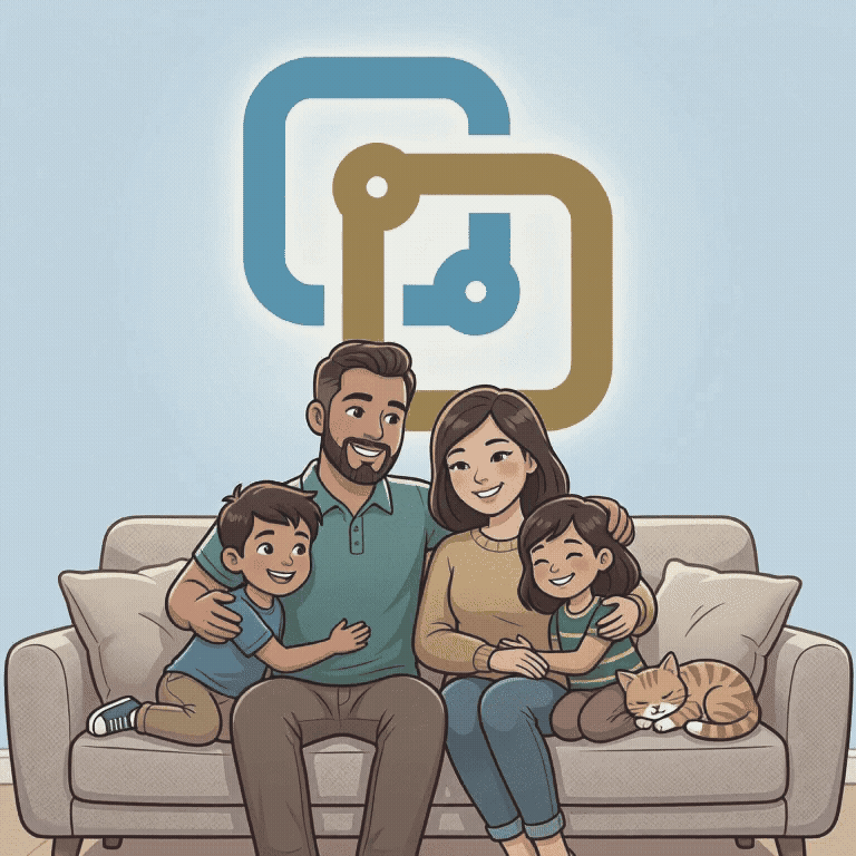 Animated illustration of a family relaxing together at home